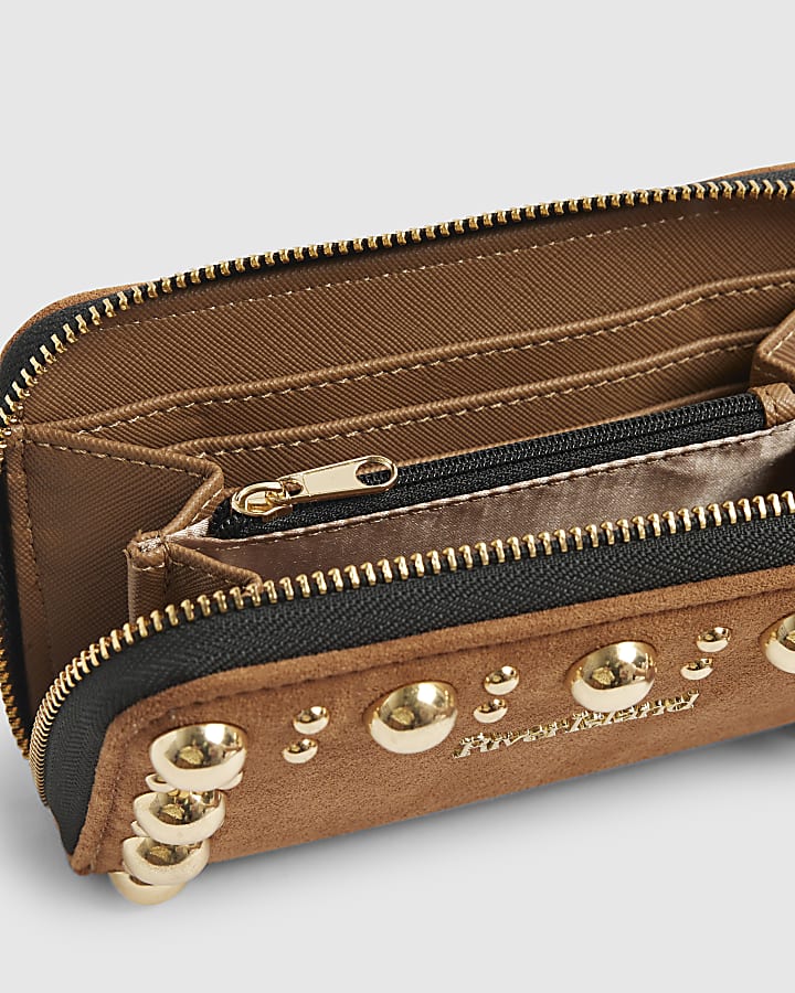 Brown Studded Zip Around Purse