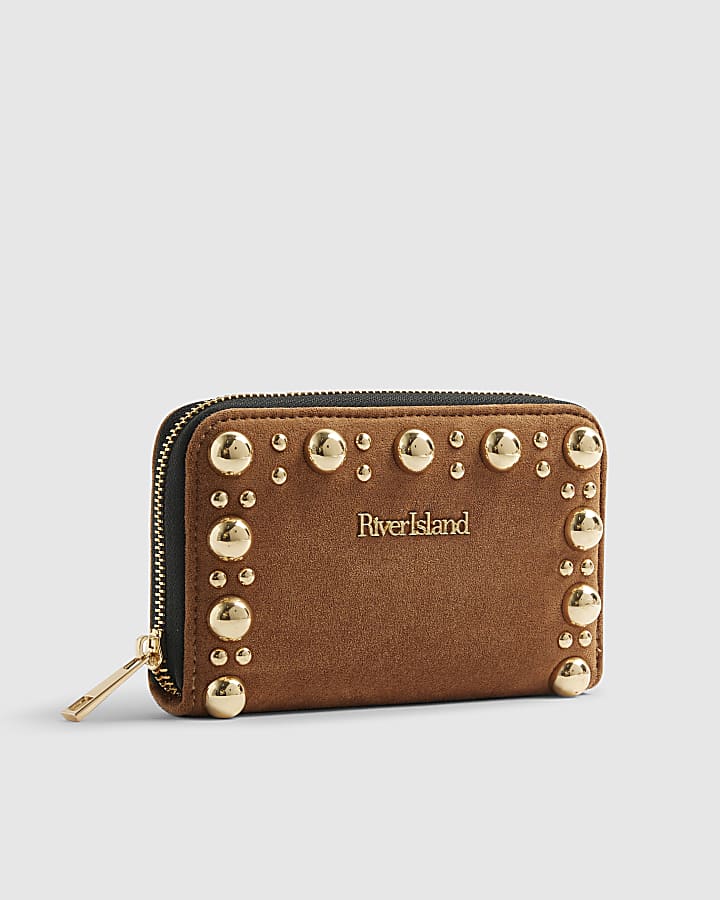 Brown Studded Zip Around Purse