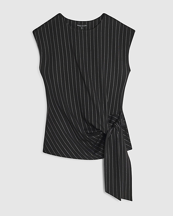 Black Pinstripe Sleeveless Tie Waist Top