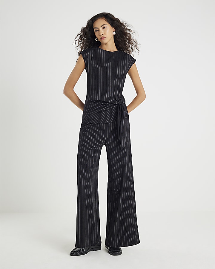 Black Pinstripe Sleeveless Tie Waist Top