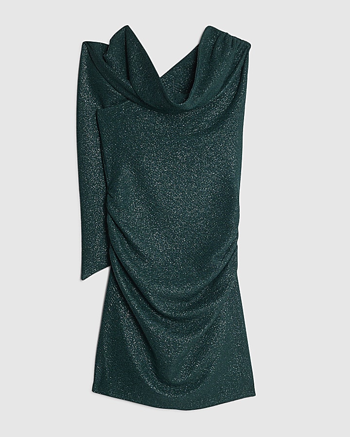 Green Asymmetric Glitter Mini Dress