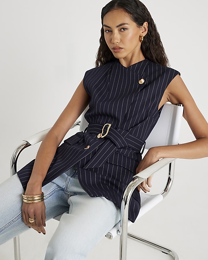 Navy Pinstripe Sleeveless Belted Waistcoat