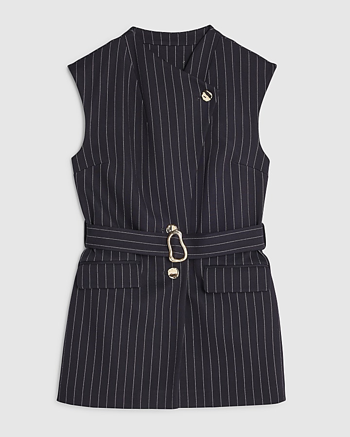 Navy Pinstripe Sleeveless Belted Waistcoat