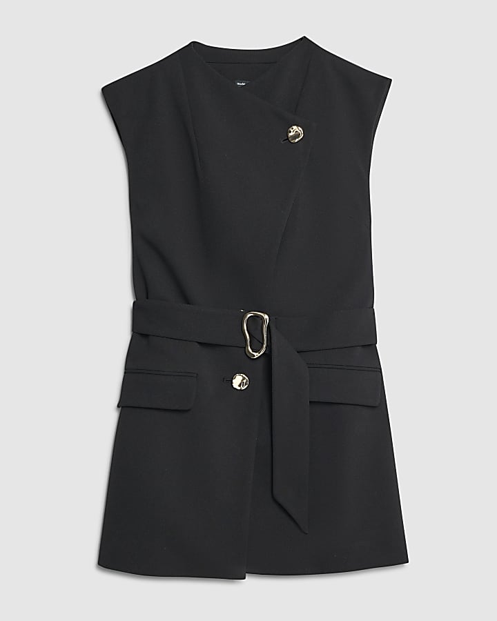 Black Sleeveless Belted Waistcoat