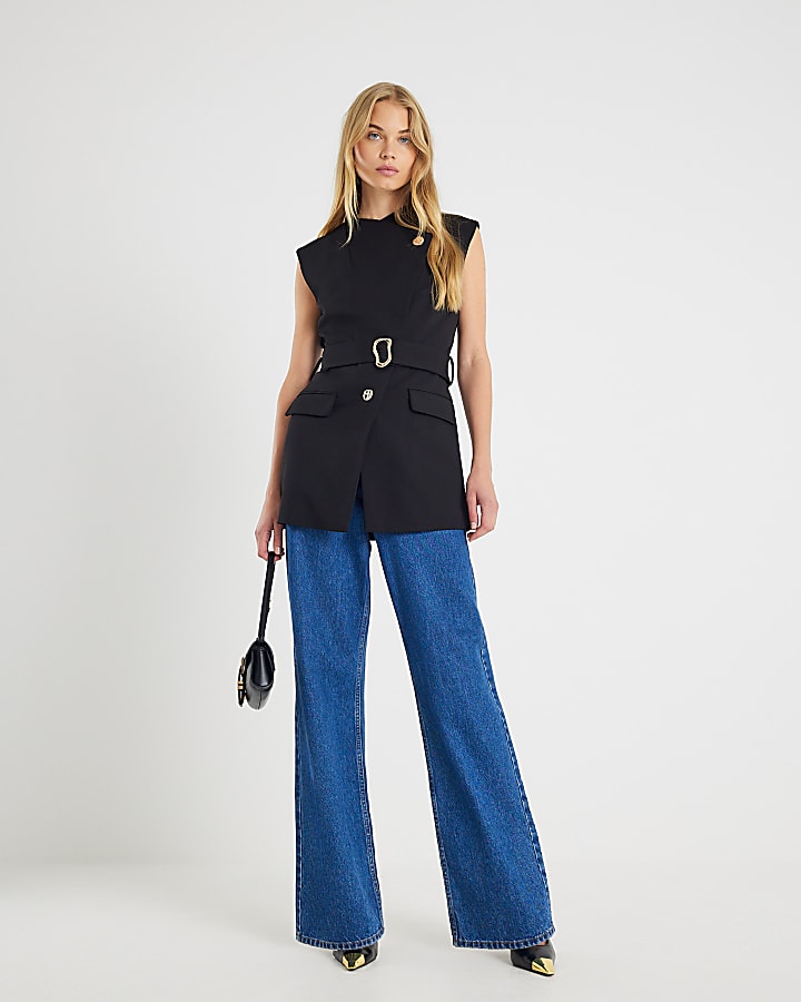 Black Sleeveless Belted Waistcoat