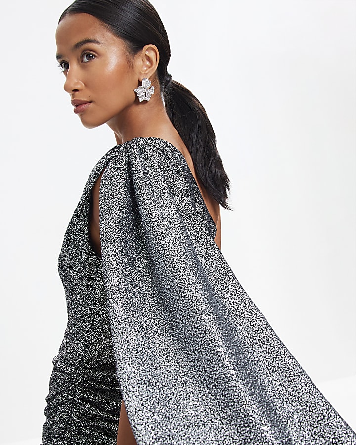Petite Silver Asymmetric Glitter Mini Dress