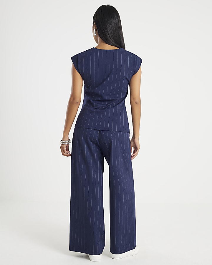 Petite Navy Pinstripe Wide Leg Trousers