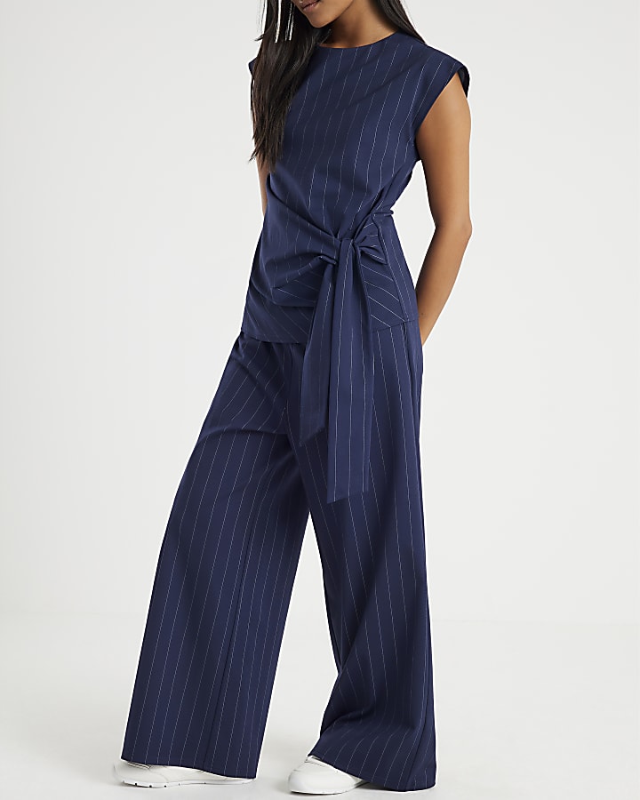 Petite Navy Pinstripe Wide Leg Trousers