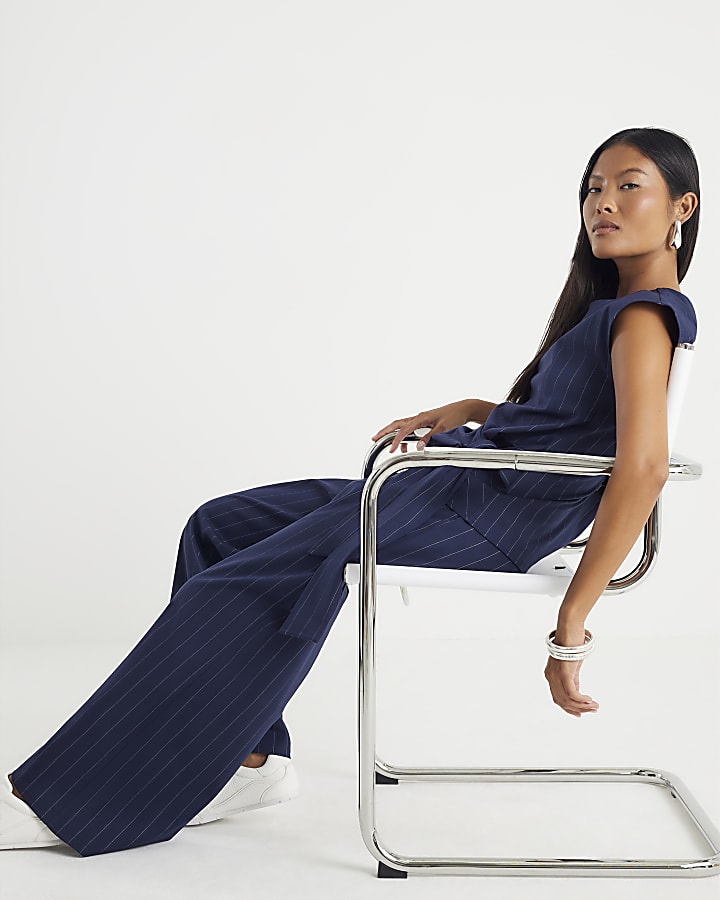 Petite Navy Pinstripe Wide Leg Trousers