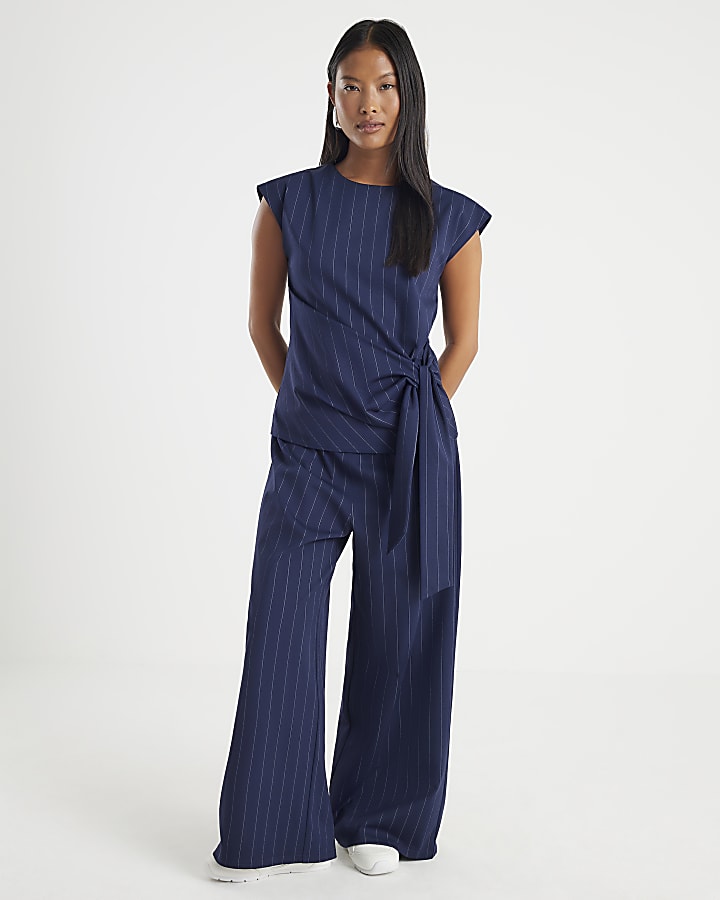 Petite Navy Pinstripe Wide Leg Trousers