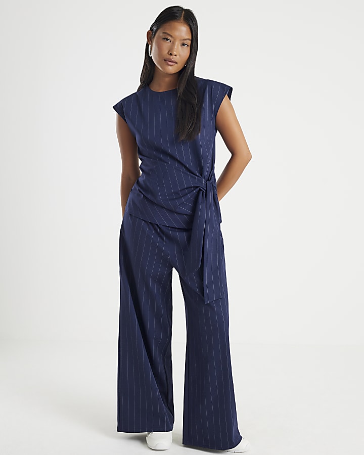 Petite Navy Pinstripe Tie Waist Top
