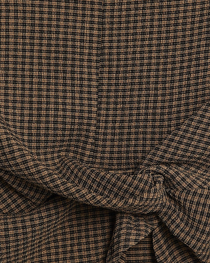 Brown Long Sleeve Twist Side Check Top