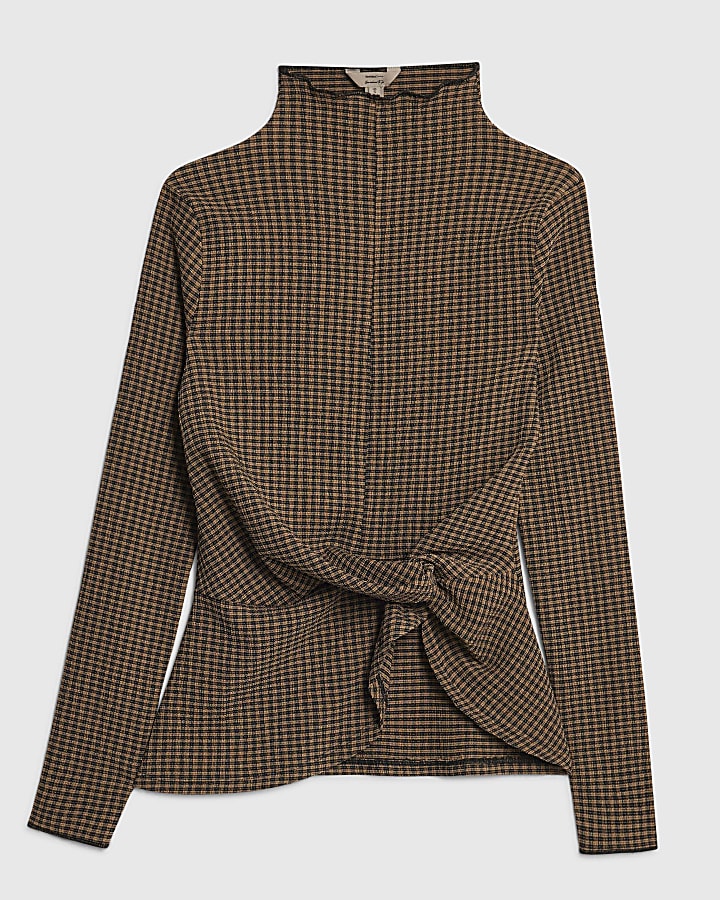 Brown Long Sleeve Twist Side Check Top