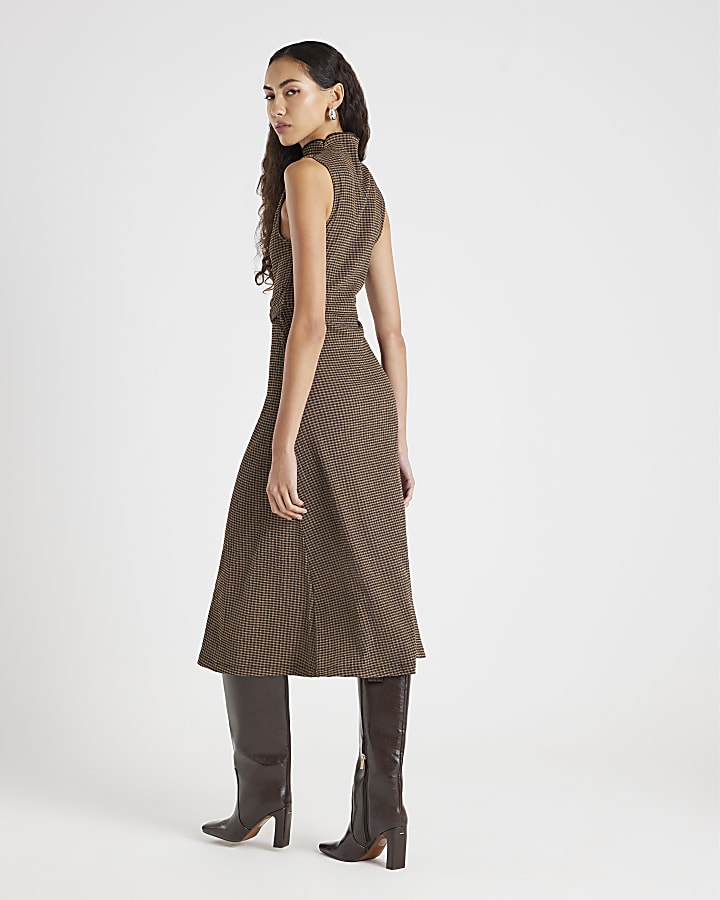 Brown Twist Side Check Dress