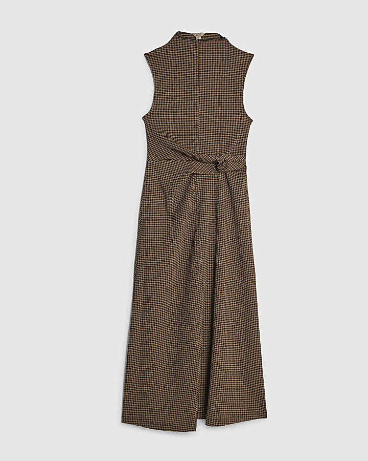 Brown Twist Side Check Dress