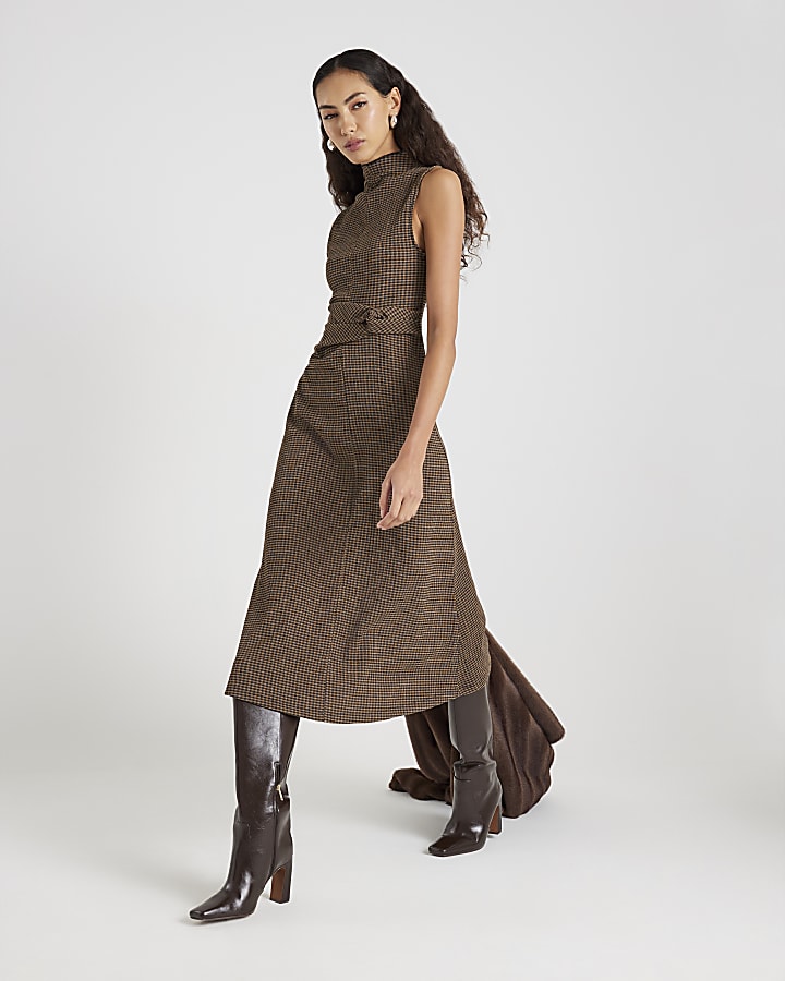 Brown Twist Side Check Dress