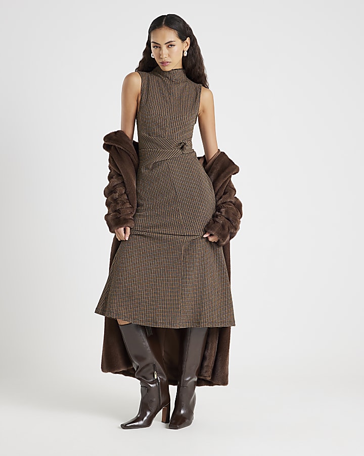 Brown Twist Side Check Dress