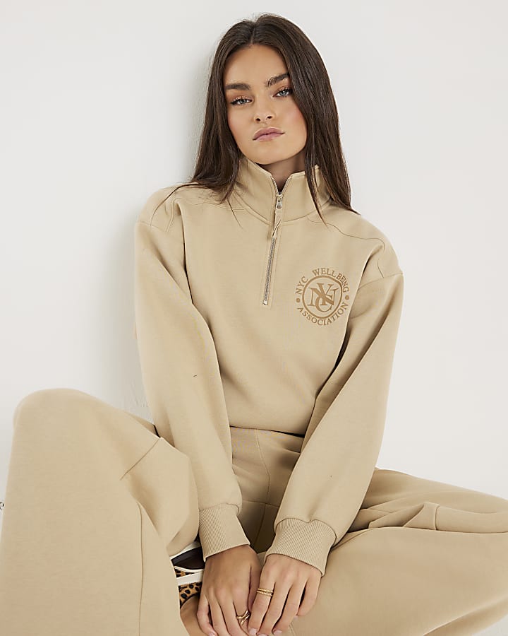 Beige Long Sleeve NYC Zip Up Sweatshirt