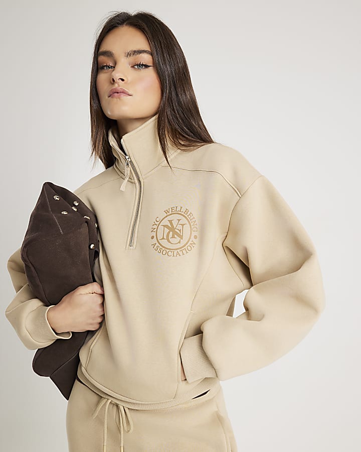 Beige Long Sleeve NYC Zip Up Sweatshirt
