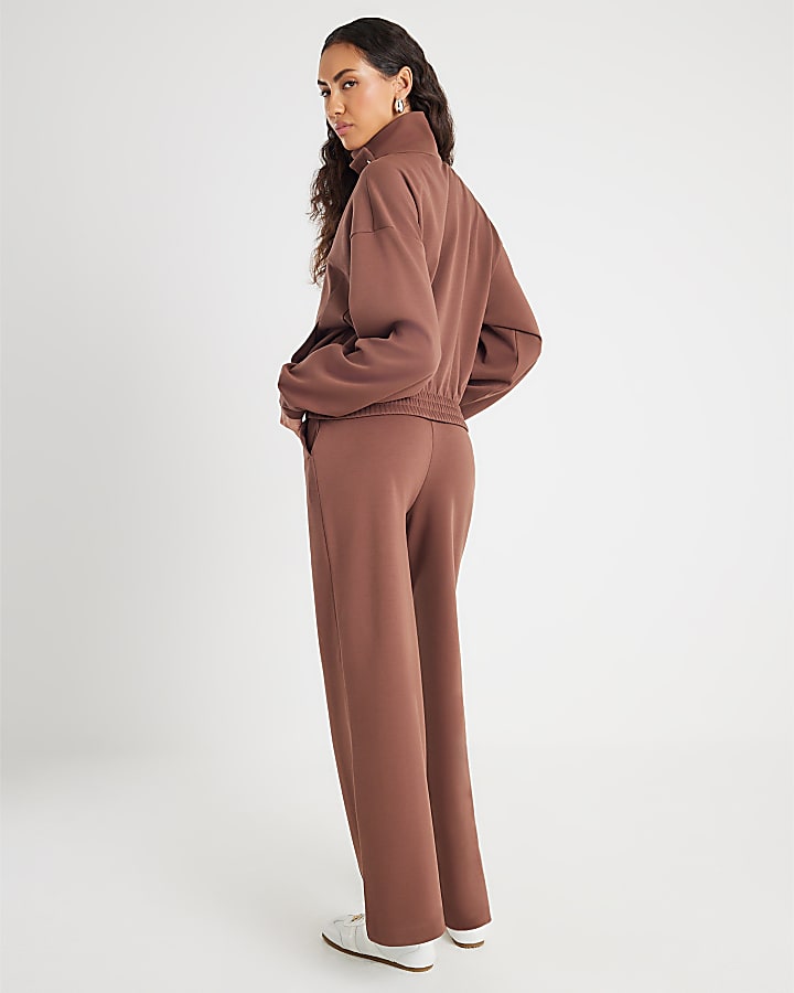 Brown Wide Leg Pintuck Joggers