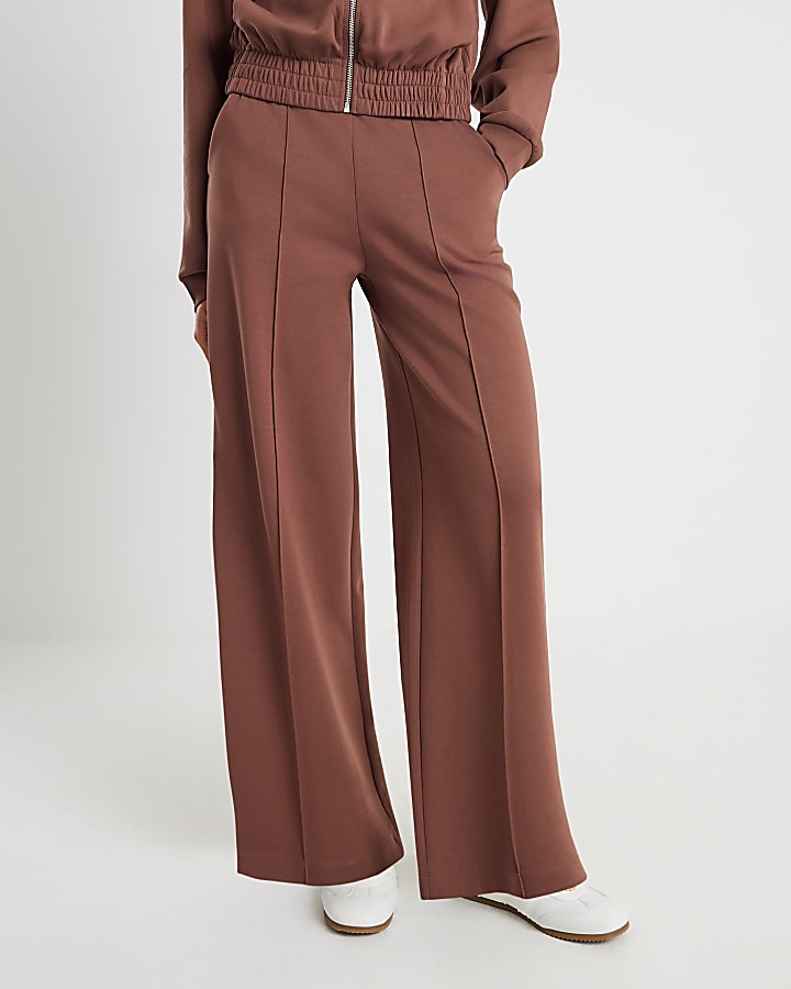 Brown Wide Leg Pintuck Joggers