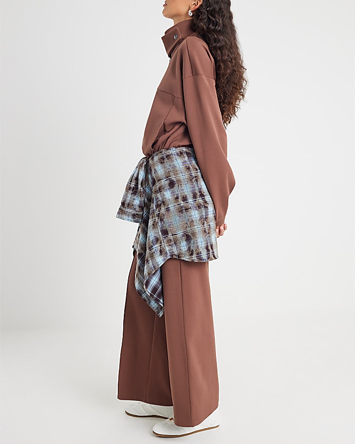 Brown Wide Leg Pintuck Joggers