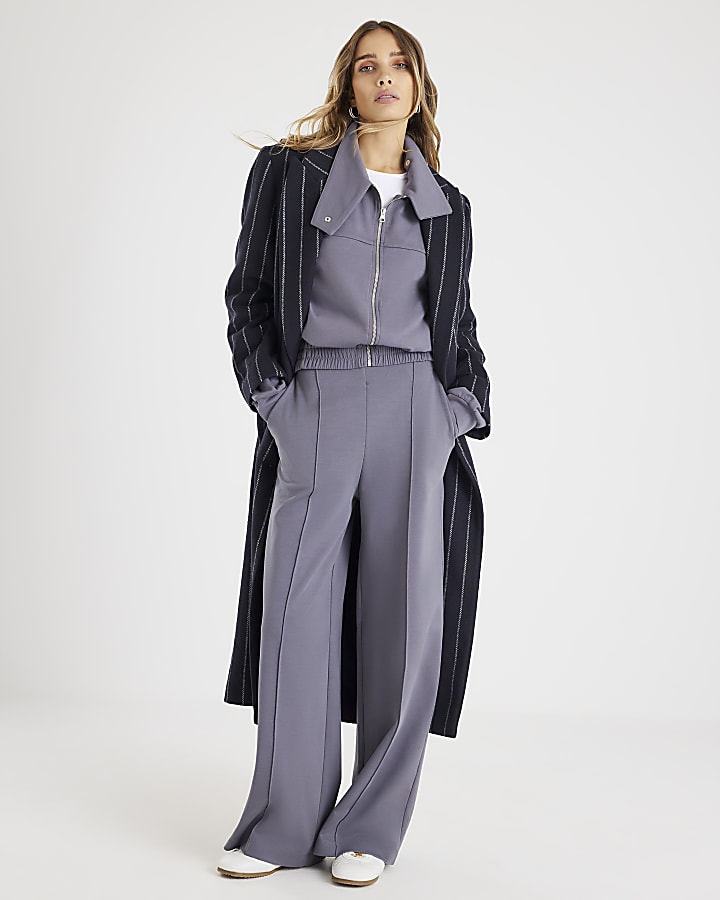 Grey Wide Leg Pintuck Joggers