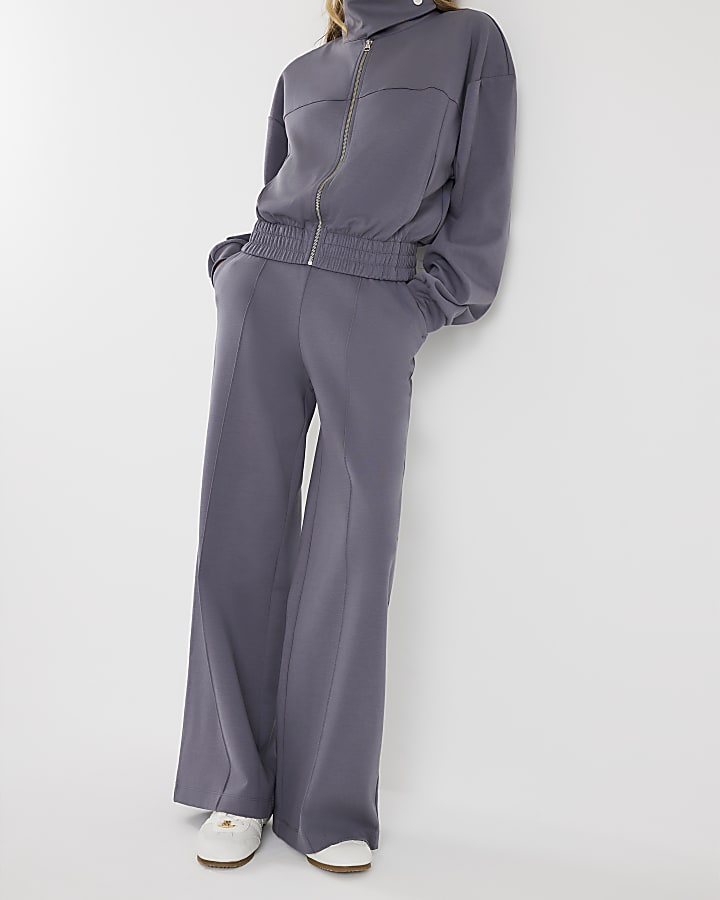 Grey Wide Leg Pintuck Joggers