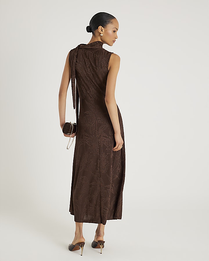 Brown Sleeveless Jacquard Scarf Midi Dress