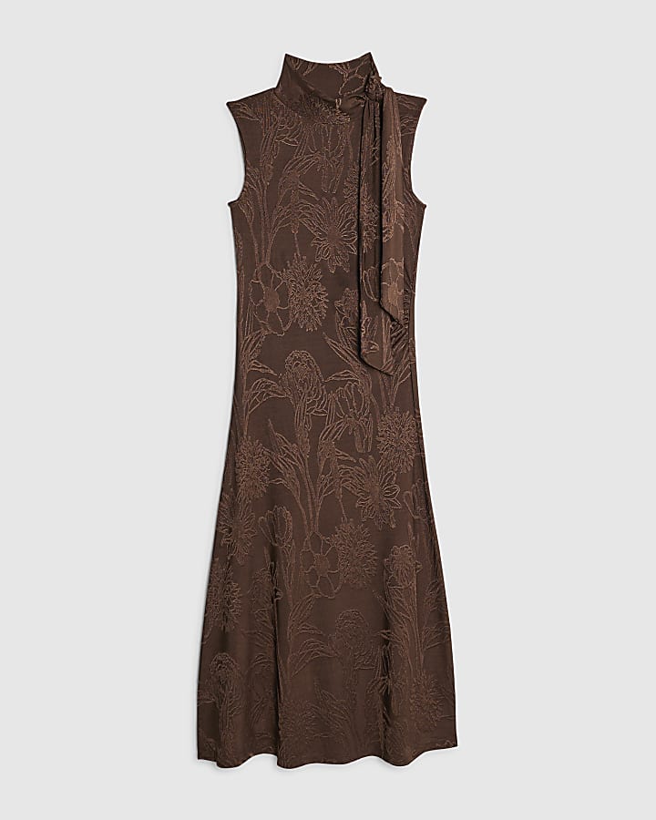 Brown Sleeveless Jacquard Scarf Midi Dress