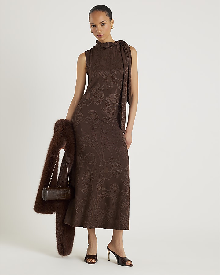 Brown Sleeveless Jacquard Scarf Midi Dress