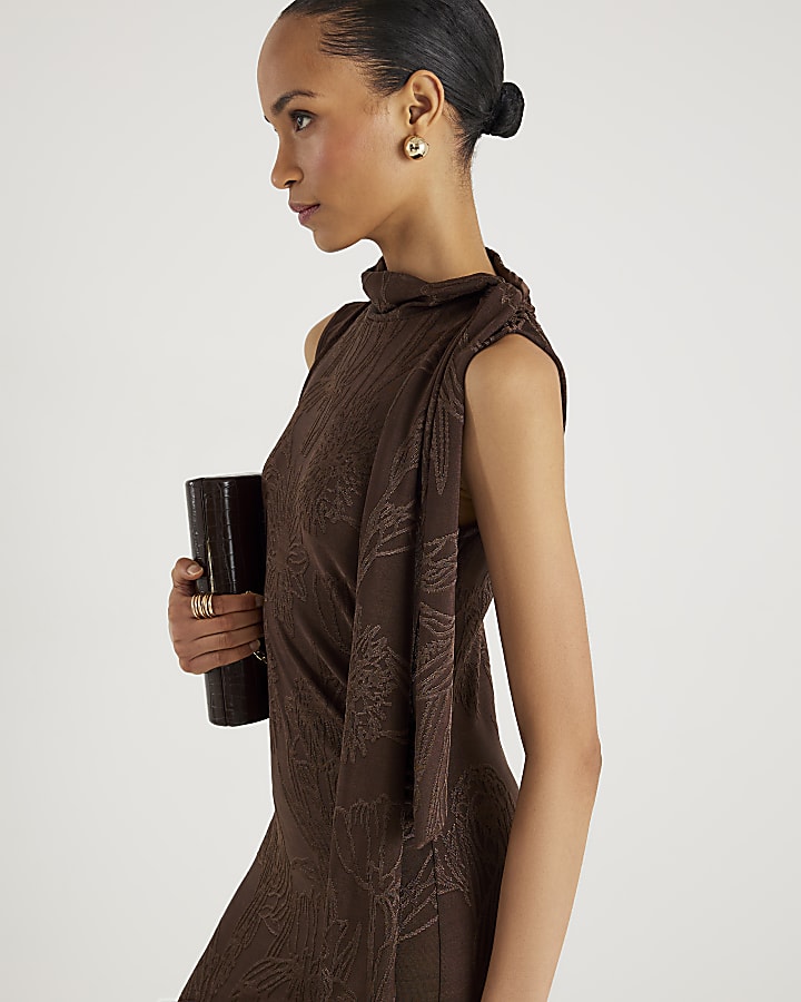 Brown Sleeveless Jacquard Scarf Midi Dress