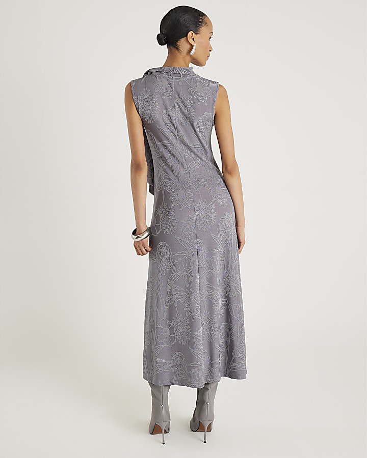 Grey Sleeveless Jacquard Scarf Tie Midi Dress
