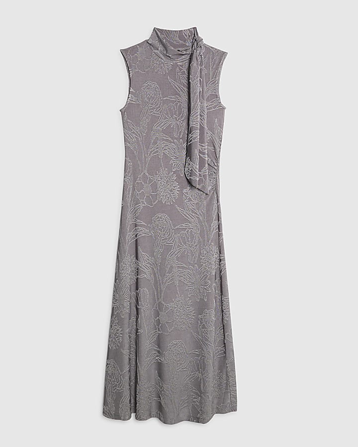 Grey Sleeveless Jacquard Scarf Tie Midi Dress