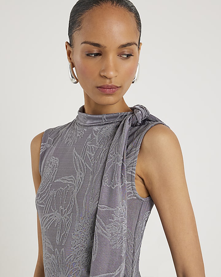 Grey Sleeveless Jacquard Scarf Tie Midi Dress