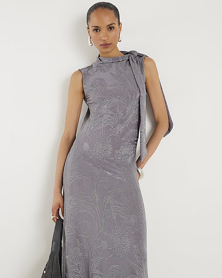 Grey Sleeveless Jacquard Scarf Tie Midi Dress