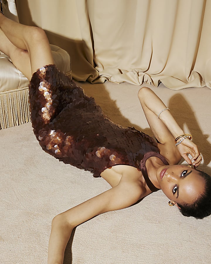 Brown Halter Neck Sequin Mini Dress