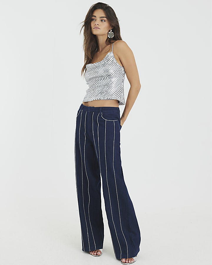 Silver Sleeveless Sequin Cowl Neck Cami Top