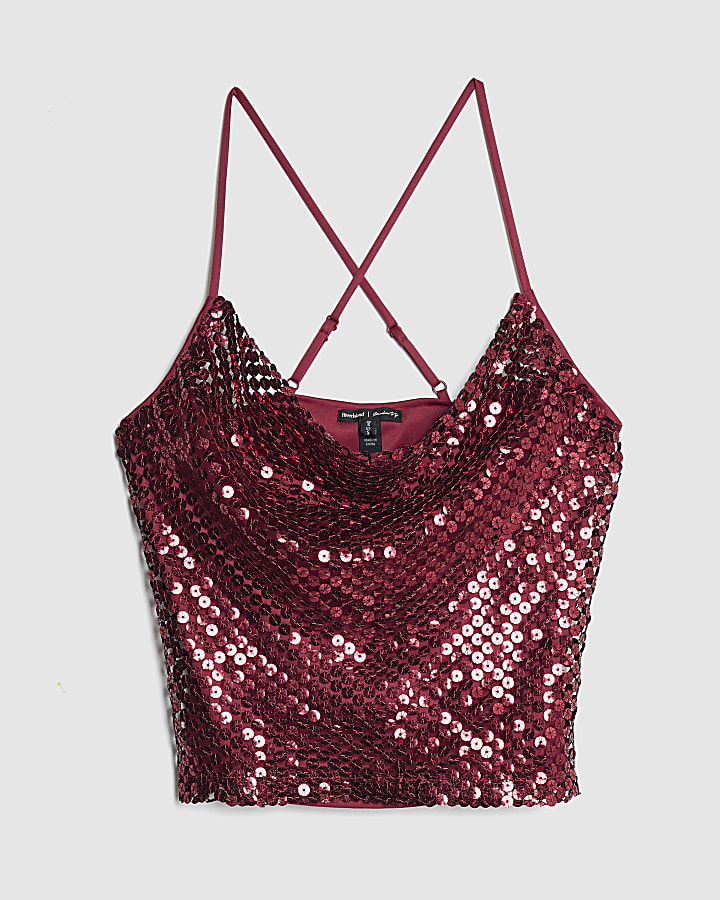 Red Sleeveless Sequin Cowl Neck Cami Top