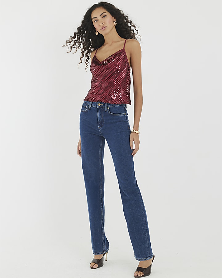 Red Sleeveless Sequin Cowl Neck Cami Top