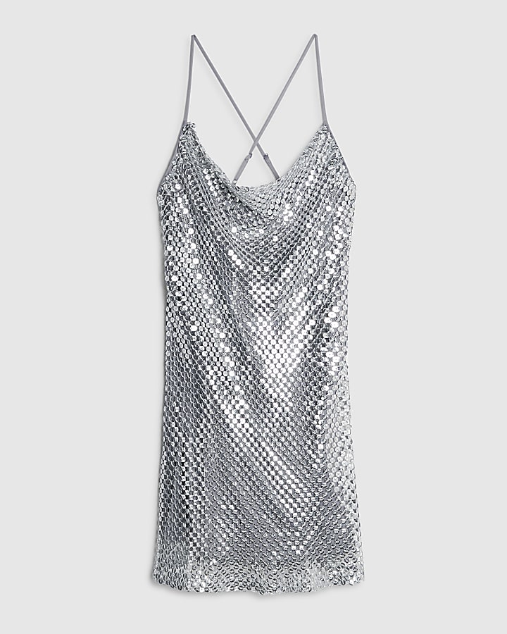 Silver Sleeveless Sequin Cami Mini Dress