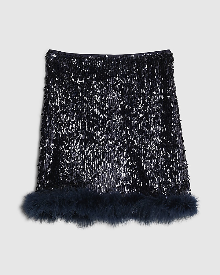Navy Feather Hem Sequin Mini Skirt