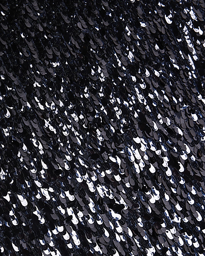 Navy Feather Cuff Sequin Top