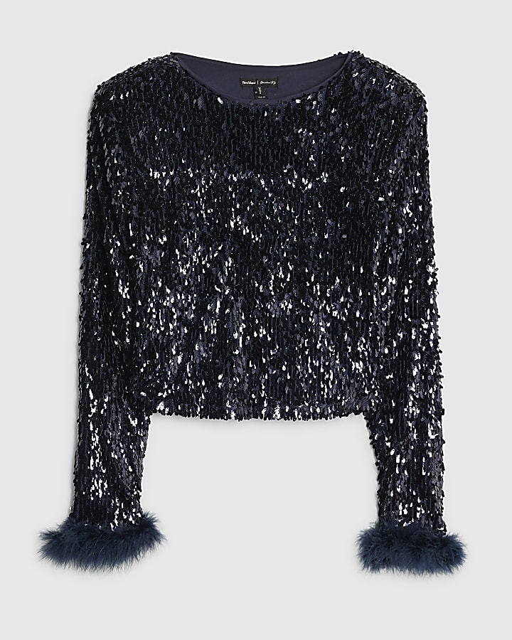 Navy Feather Cuff Sequin Top