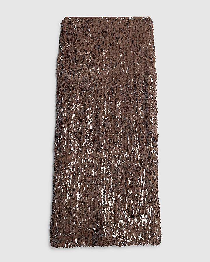Brown Sequin Midi Skirt