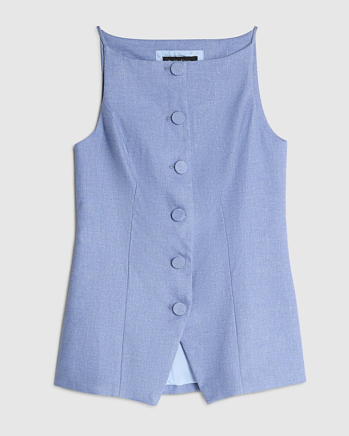Blue High Neck Fitted Waistcoat