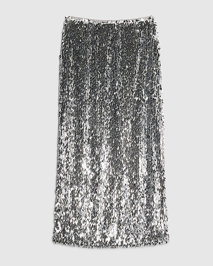 Silver Sequin Midi Skirt