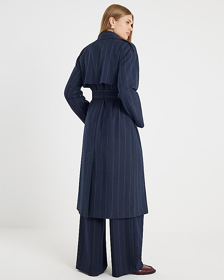 Navy Pinstripe Tailored Trench Coat