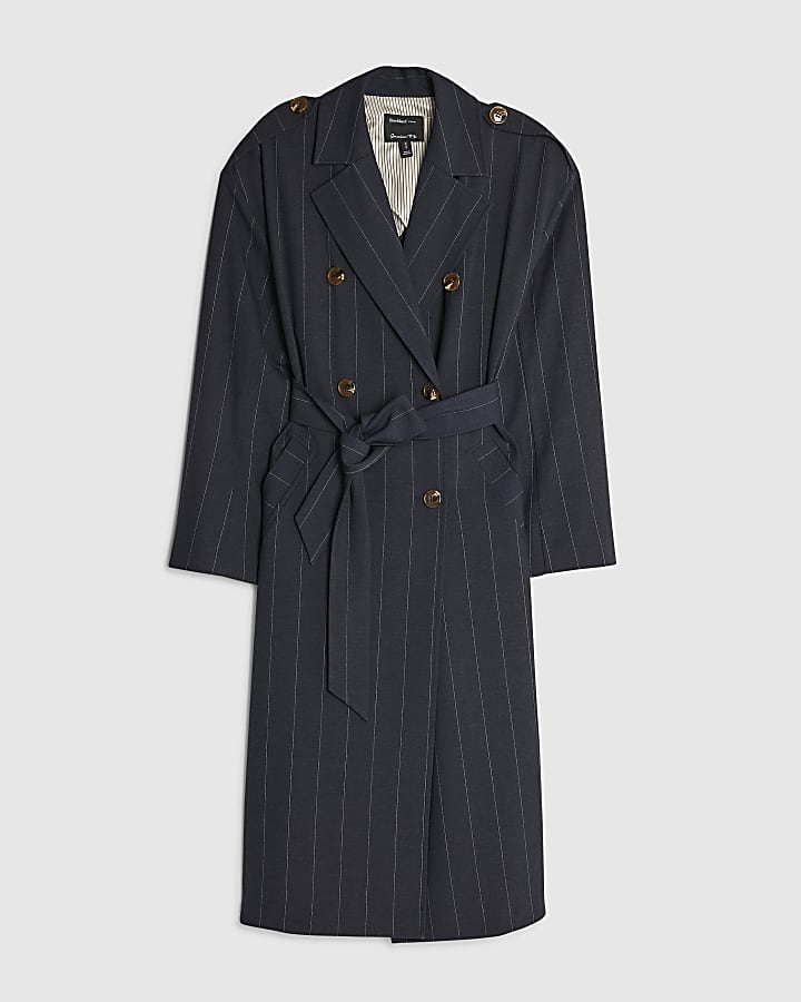 Navy Pinstripe Tailored Trench Coat