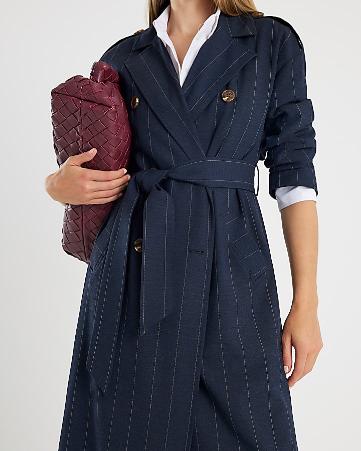 Navy Pinstripe Tailored Trench Coat